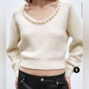 Zara PEARL APPLIQUÉ KNIT SWEATER color ecru size medium